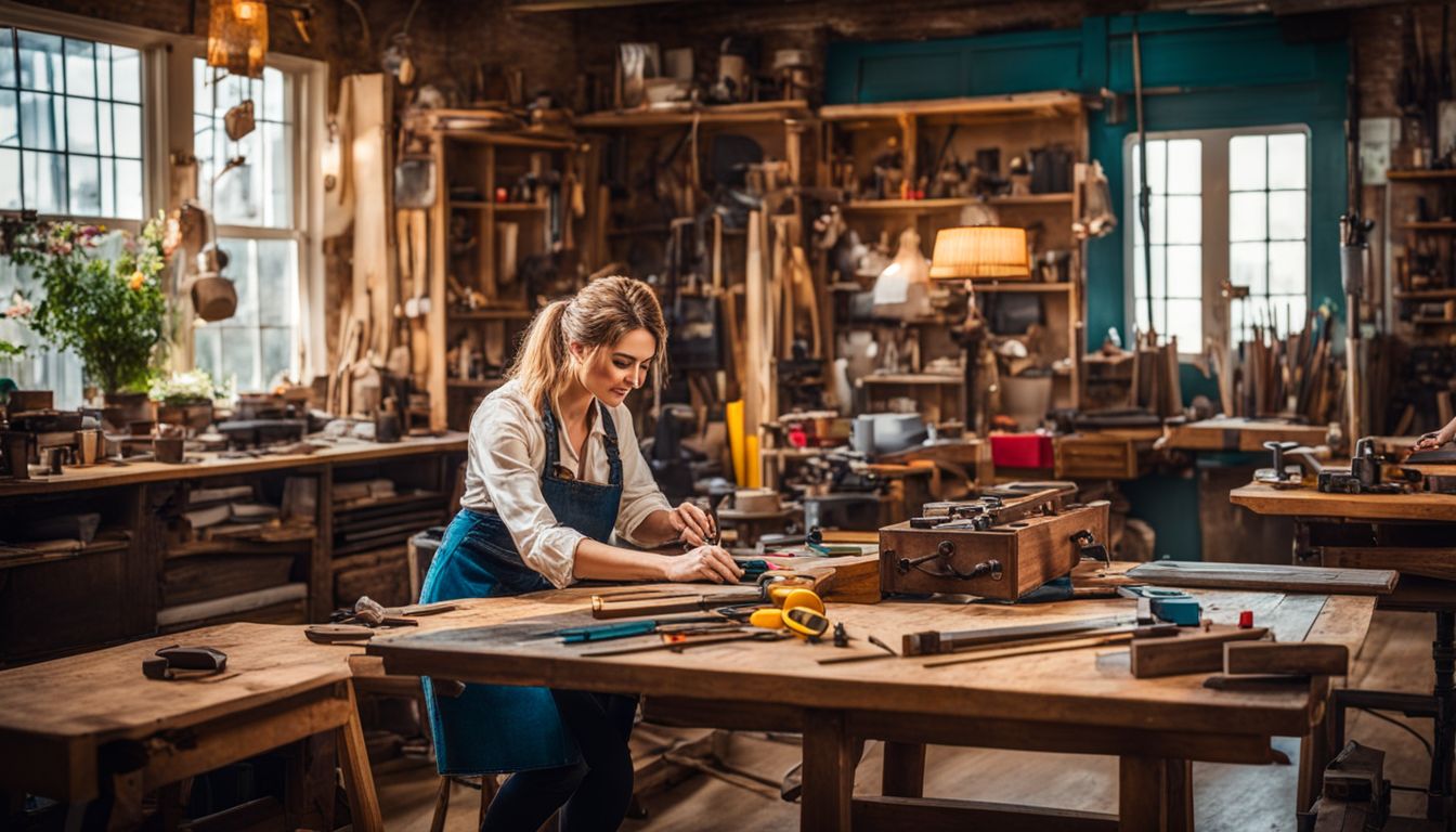 A woman repurposing old furniture in a vibrant workshop surrounded by tools and colorful materials.