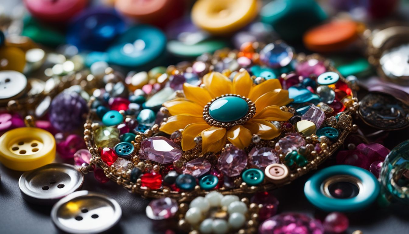 A vibrant brooch surrounded by colorful buttons and beads, showcasing various faces, hair styles, and outfits.