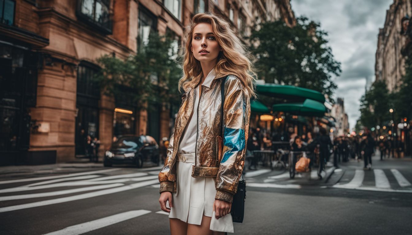 A Caucasian person wearing a creatively upcycled jacket in an urban setting, surrounded by diverse faces, hairstyles, and outfits.
