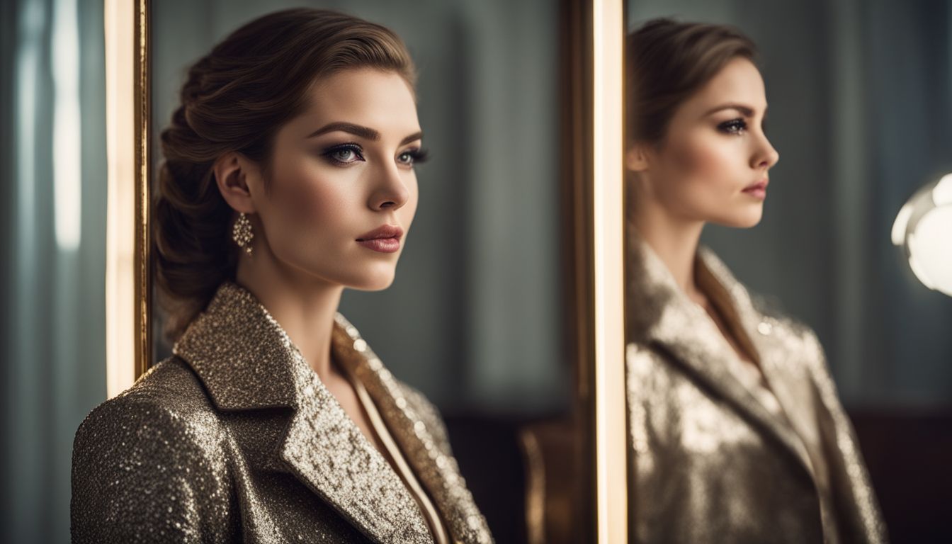 An elegantly dressed woman wearing a revamped coat, showcasing different hairstyles and outfits in front of a mirror.