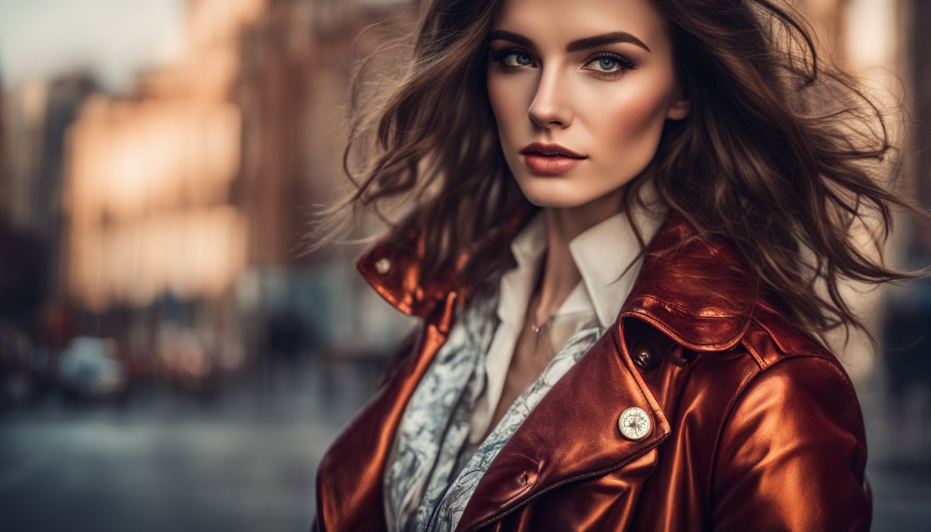 A confident woman wearing a stylish upcycled jacket poses in an urban environment with a focus on her face.