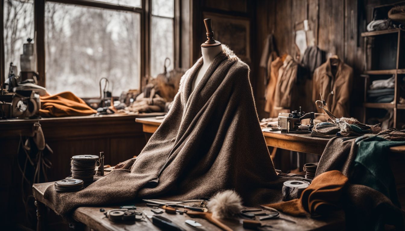 A photo of an old winter coat draped over a mannequin surrounded by sewing tools and fabric scraps.