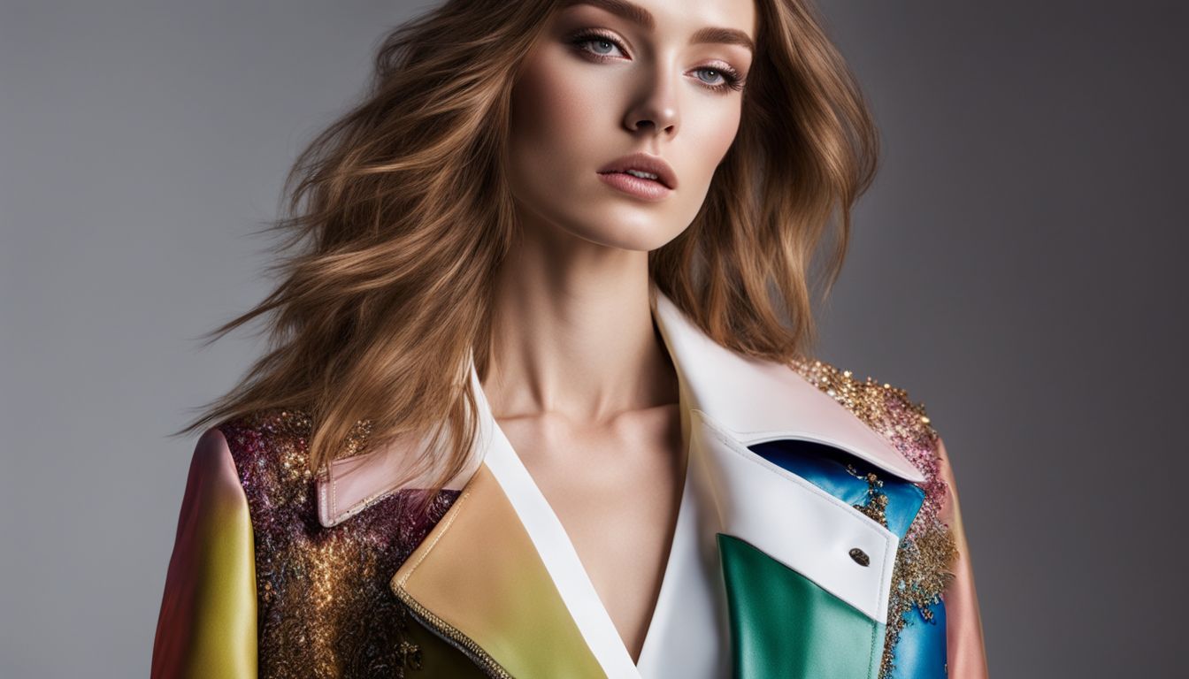 A Caucasian model wearing a unique mixed media jacket poses in a fashion studio, showcasing different faces, hairstyles, and outfits.