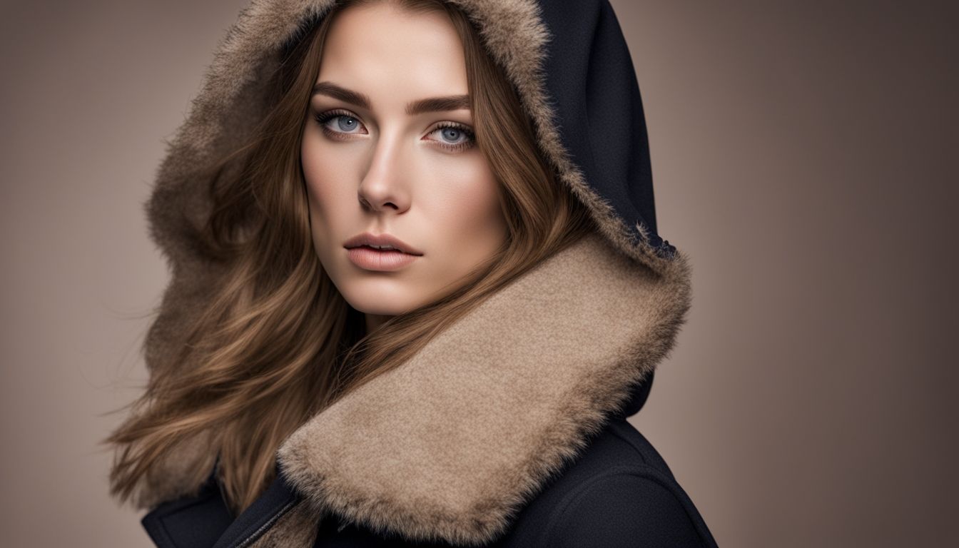 A young woman wearing a refashioned peacoat jacket made from a hoodie, showcasing the new collar and buttons.