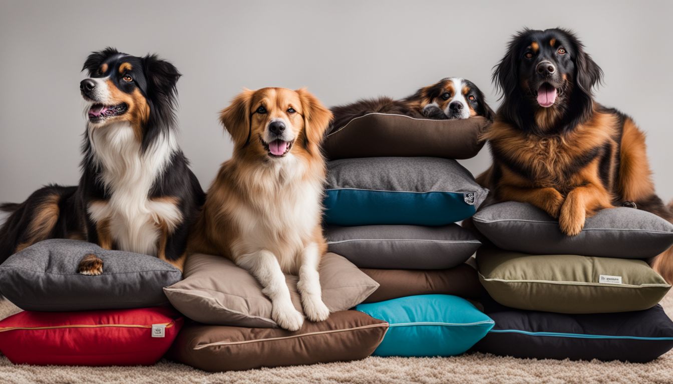 A stack of repurposed coats turned into cozy pet beds, surrounded by playful dogs of different breeds and styles.