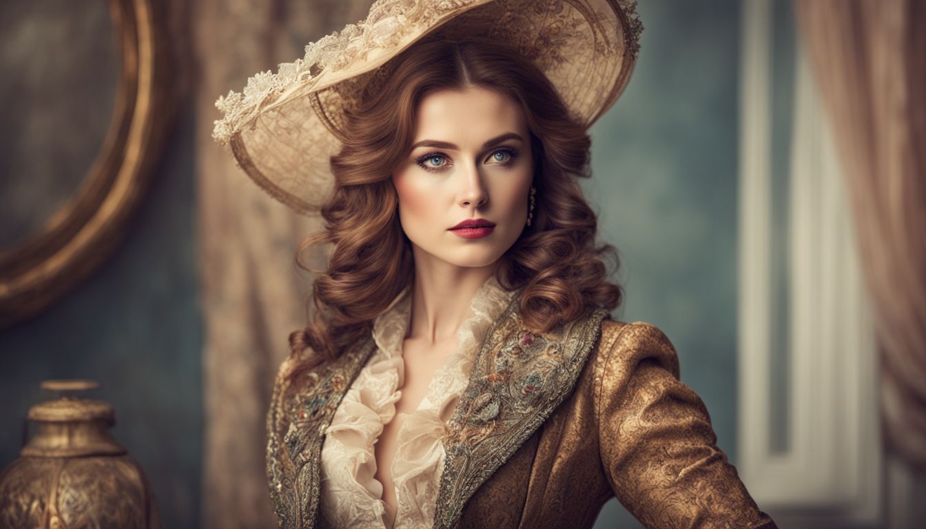 An elegantly dressed woman surrounded by vintage clothes, showcasing different faces, hairstyles, and outfits.