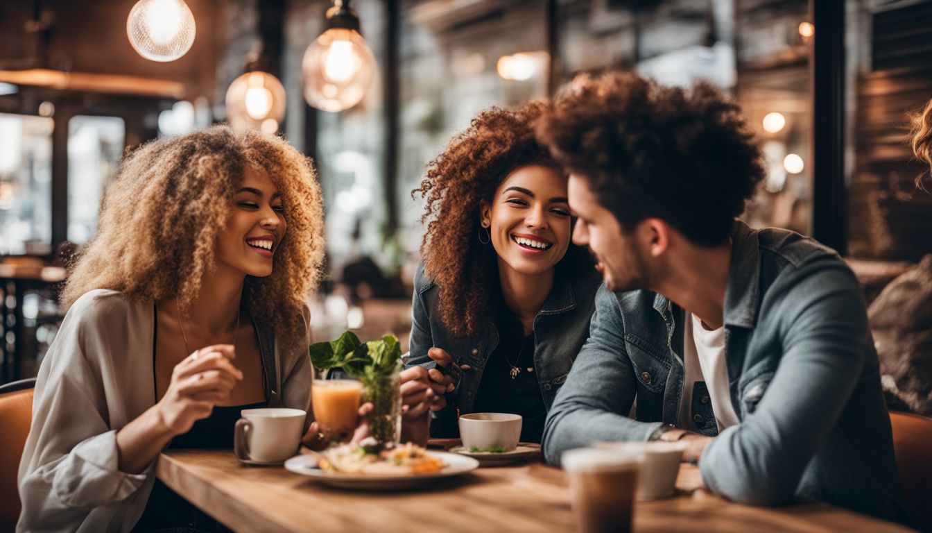 A diverse group of young adults enjoying vegan food together at a trendy cafe, with detailed facial features and different hairstyles and outfits.