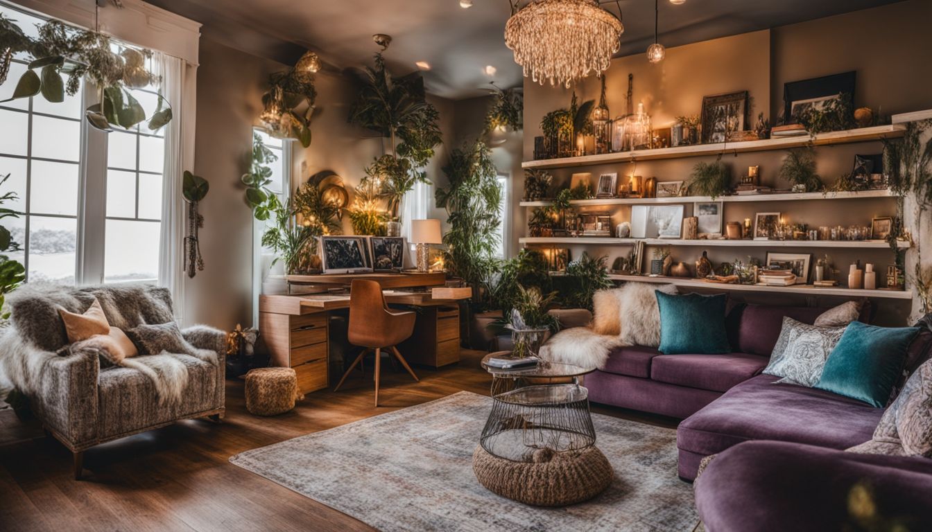 A photo of a beautifully decorated room with repurposed furniture and unique DIY decor, featuring different people and outfits.