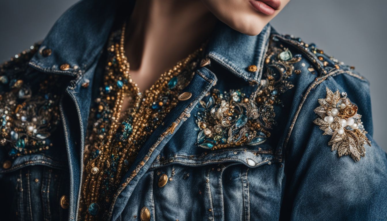 A close-up photo of a beaded denim jacket with detailed facial features, various hairstyles, and outfits.