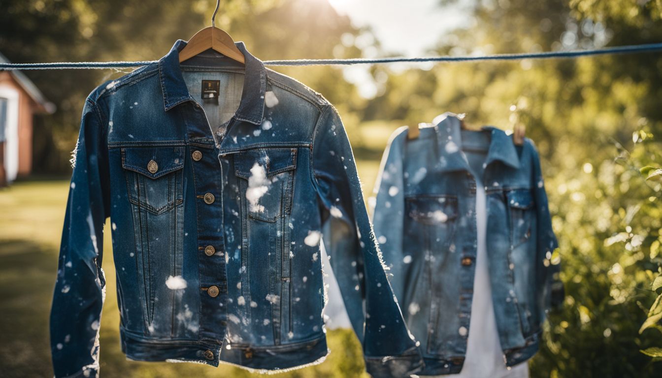 A denim jacket with bleach splatters hanging on a clothesline in a sunny backyard, surrounded by people with different styles and outfits.