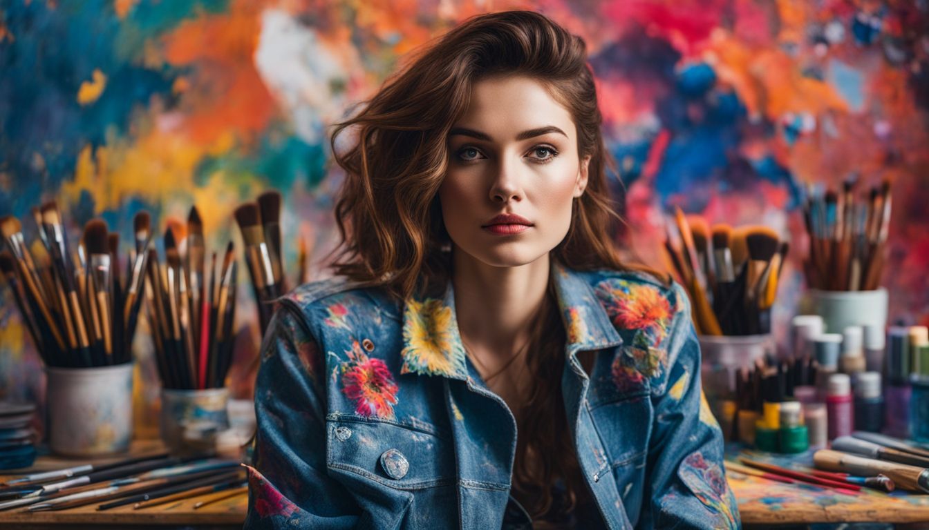 A photo of a hand-painted denim jacket with vibrant designs against a backdrop of artist supplies.