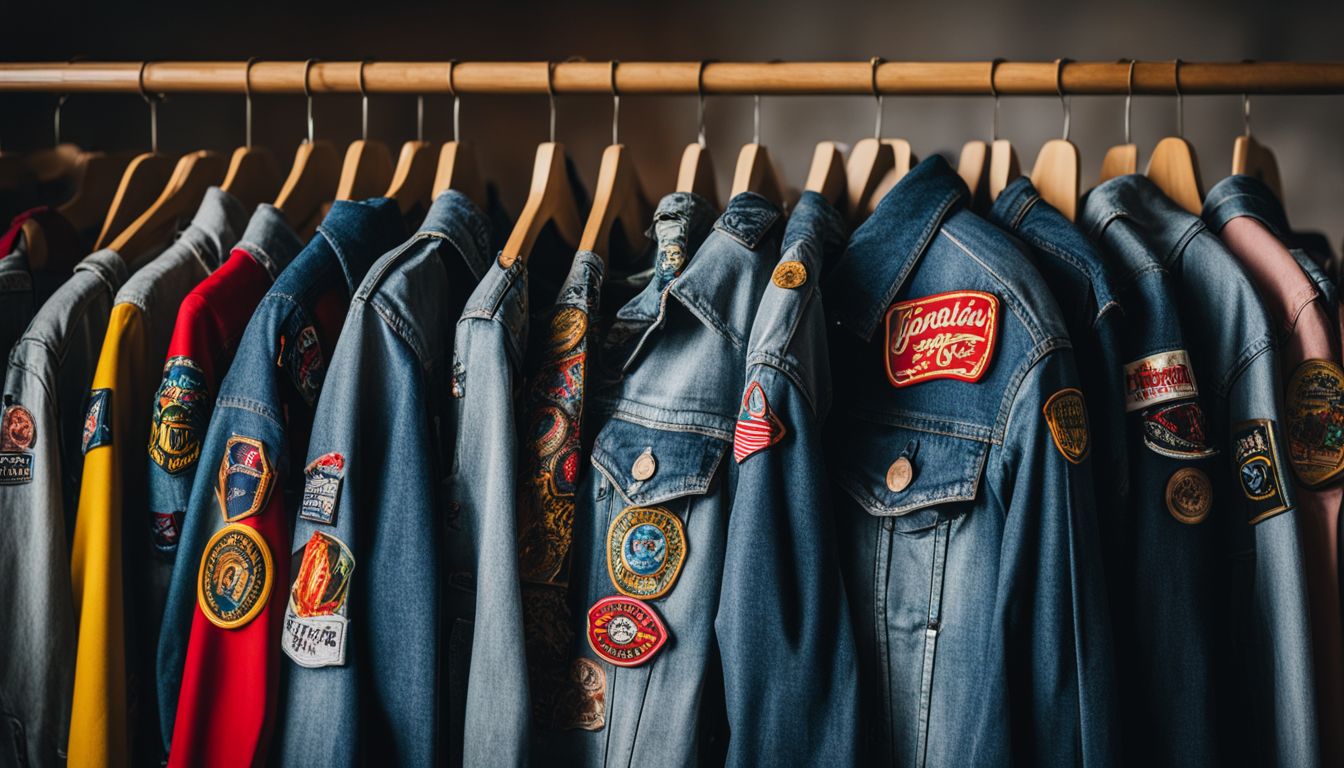 A photo of a denim jacket covered in colorful custom patches, displayed on a hanger, with various faces and outfits.