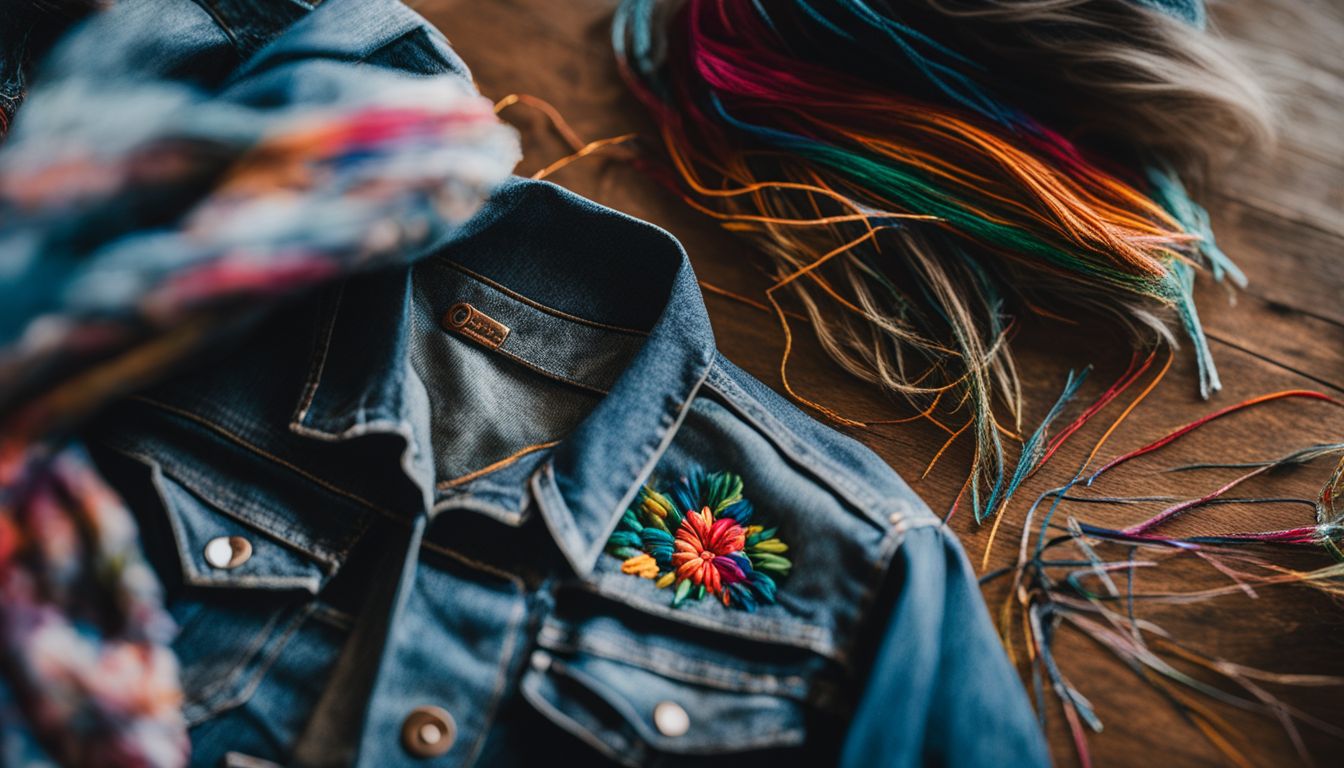 A photo showing an intricately embroidered denim jacket surrounded by colorful threads, nature, people with different styles and outfits, taken with a high-quality camera.