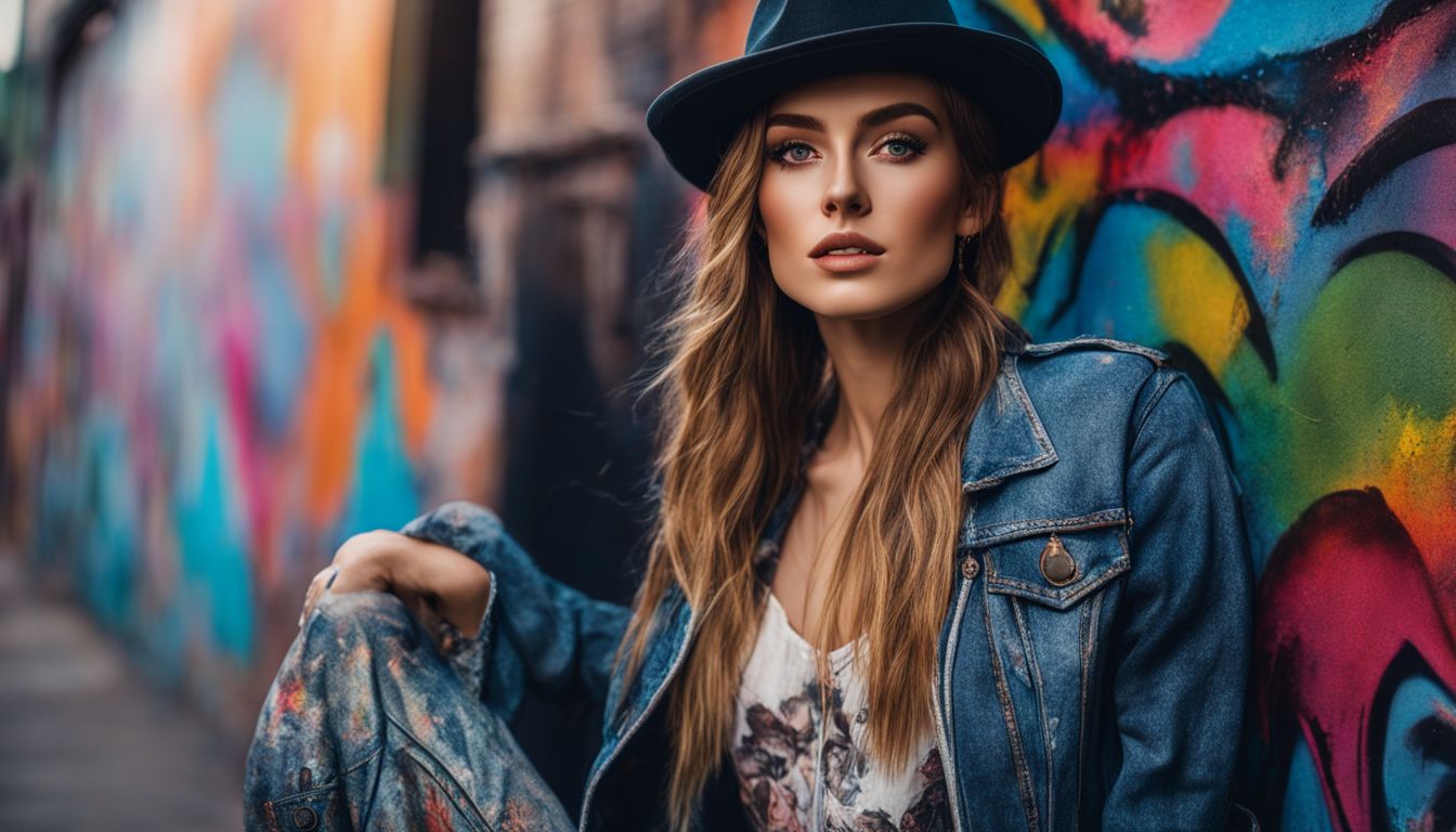 A model wearing a fringed denim jacket poses in front of colorful street art.