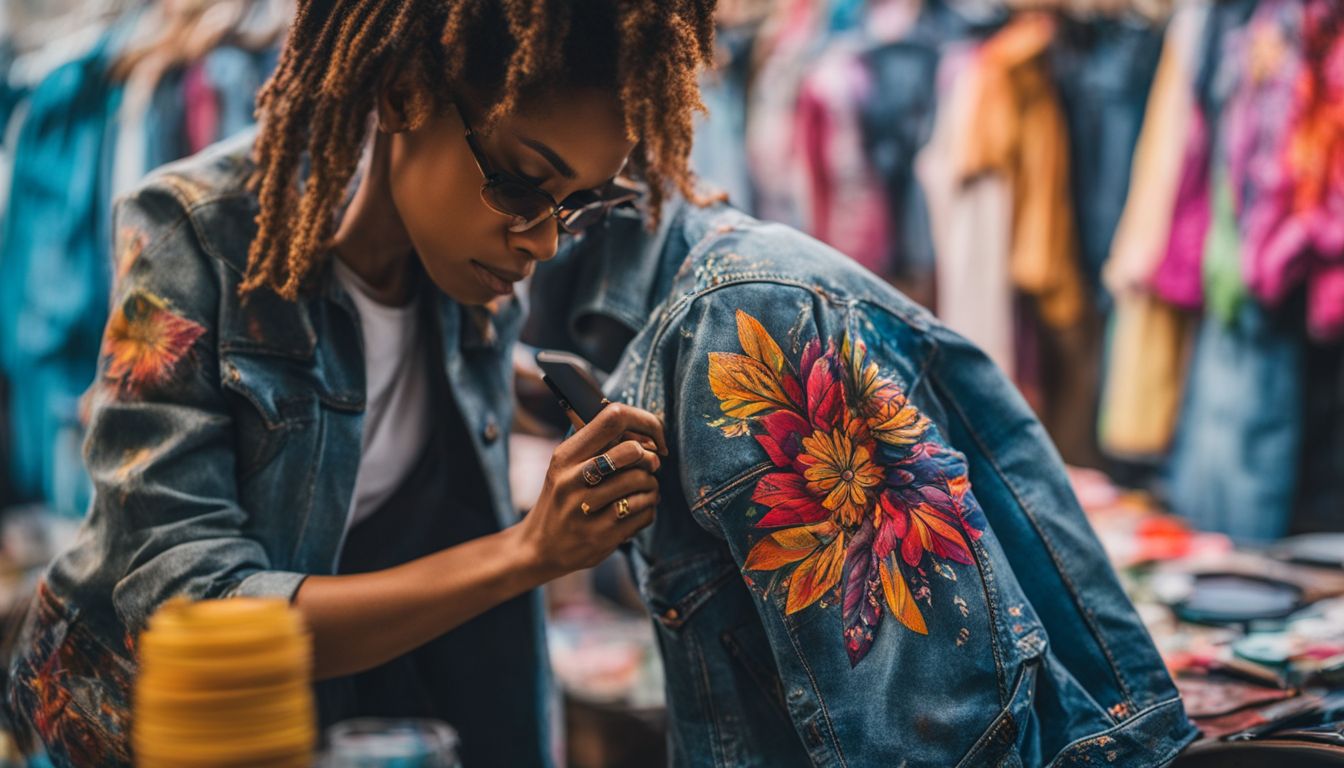 A person handpaints a denim jacket with vibrant colors and unique designs, capturing different faces, hair styles, and outfits.