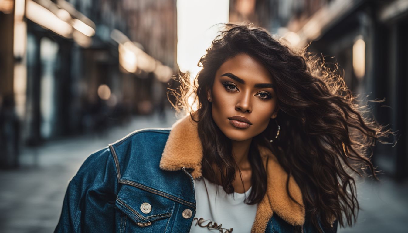 A person wearing a stylish upcycled denim jacket, posing in a trendy urban setting, with a focus on detailed eyes and skin.