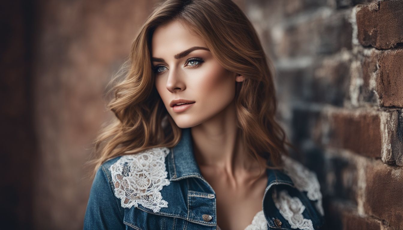 A close-up portrait of a Caucasian woman wearing a denim jacket with lace inserts, standing against a rustic brick wall.