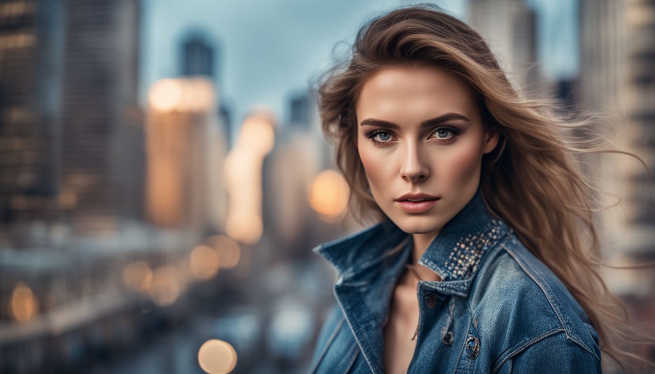 A photo of a woman wearing a denim jacket with mesh inserts, standing against a cityscape backdrop.
