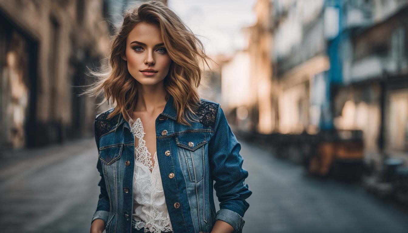 A Caucasian girl in a denim jacket with lace inserts poses in an urban setting, showcasing different outfits and hairstyles.