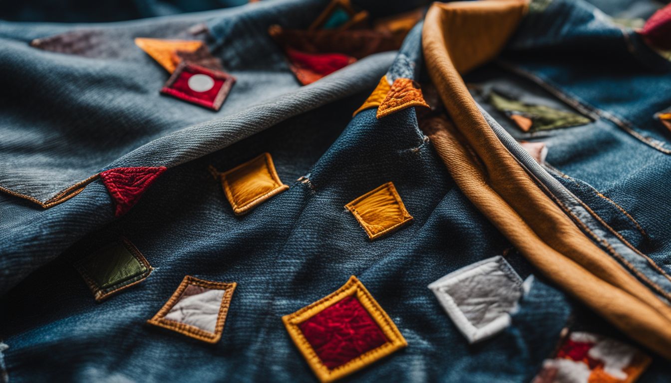 A denim jacket with colorful fabric patches arranged in a geometric pattern, surrounded by nature, different people, and various outfits.