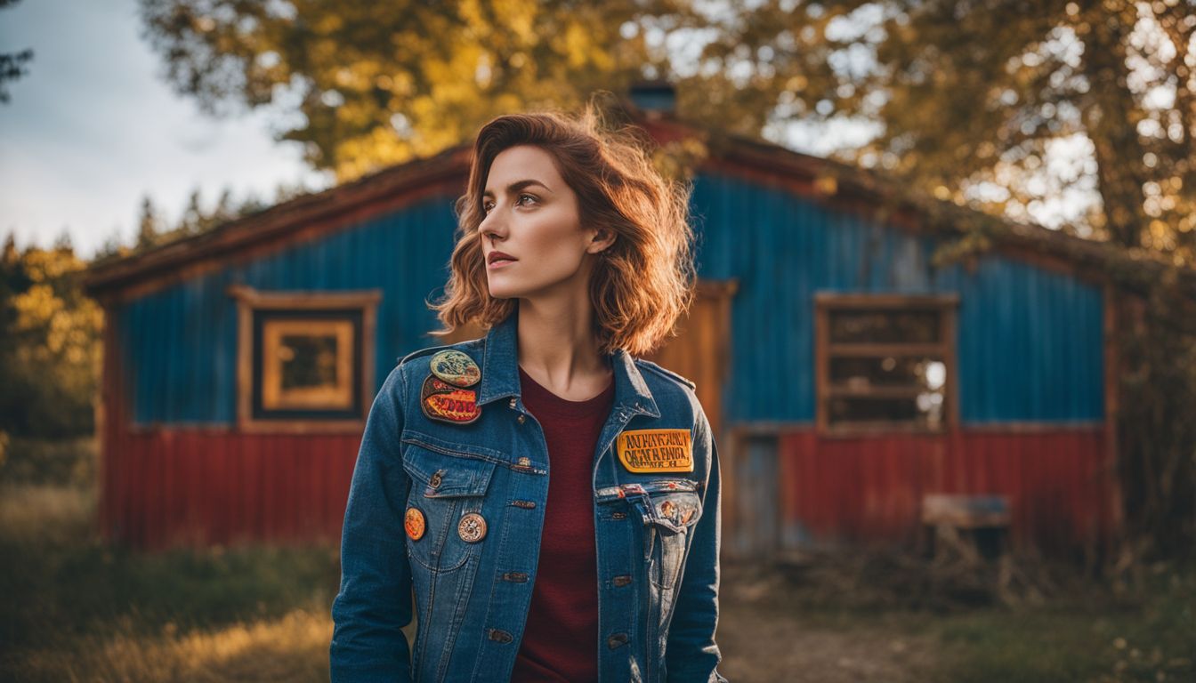 A Caucasian person wearing a denim jacket with colorful Pendleton Wool patches, posing in a rustic outdoor setting.