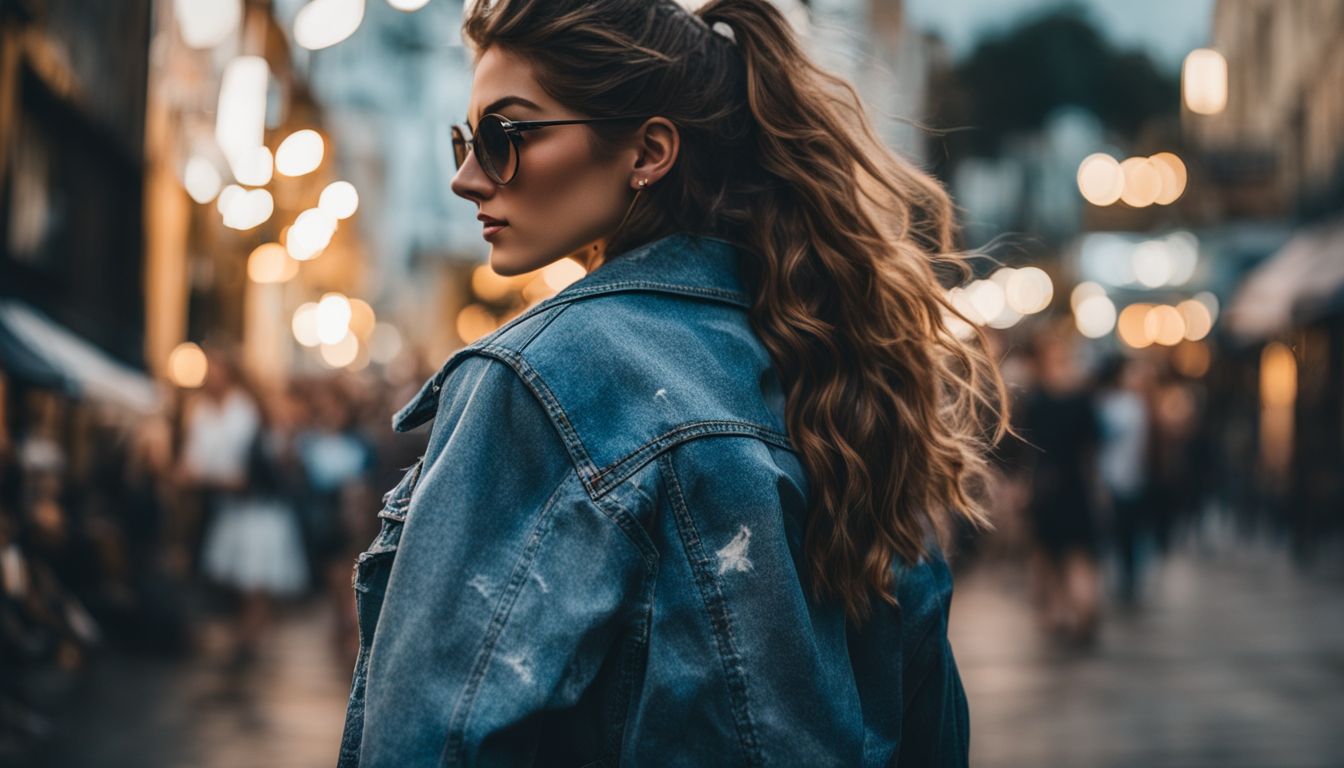 A Caucasian person wearing a stylish upcycled denim jacket in various outfits and hairstyles, photographed in a bustling atmosphere.