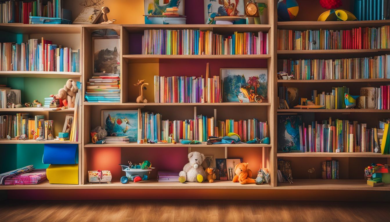 A colorful children's bookcase filled with books and toys, featuring a diverse range of children's faces, hair styles, and outfits.