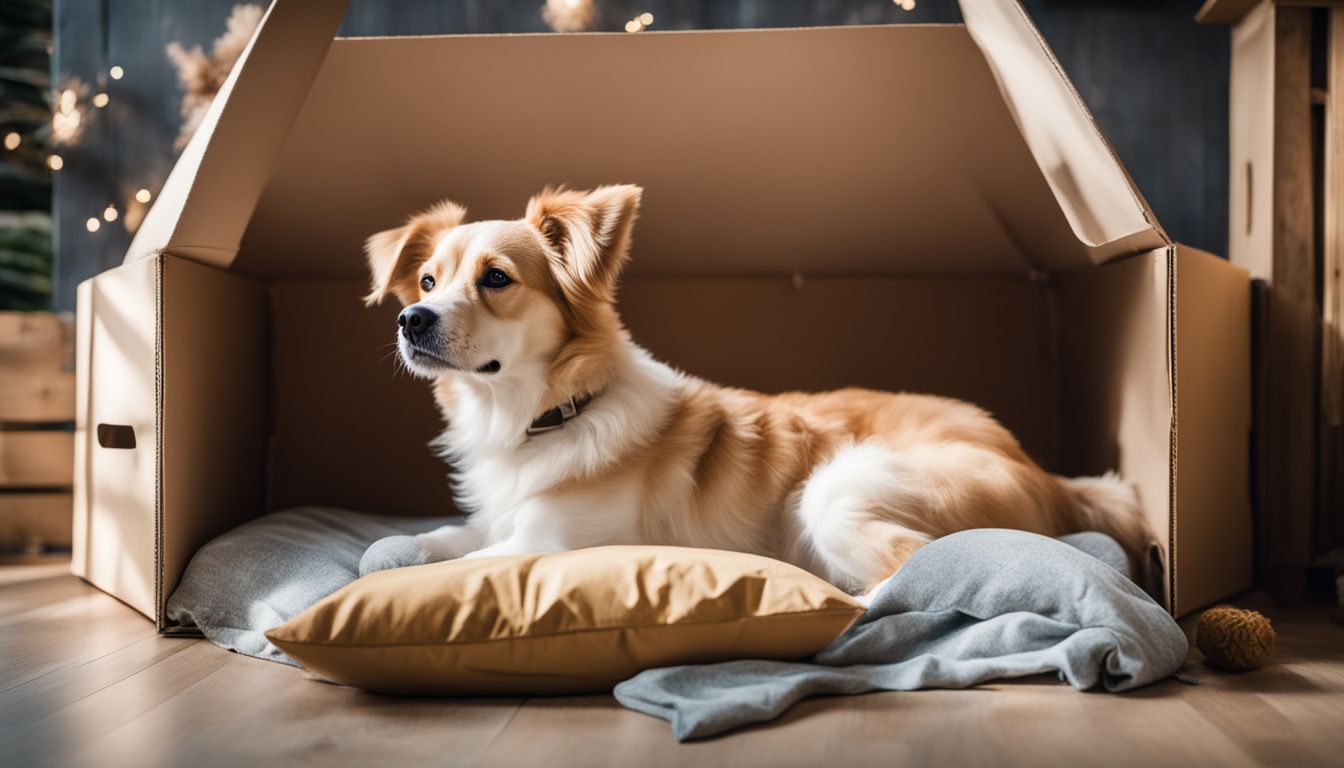 A photo of a cute dog in a cardboard box kennel surrounded by pillows and toys.