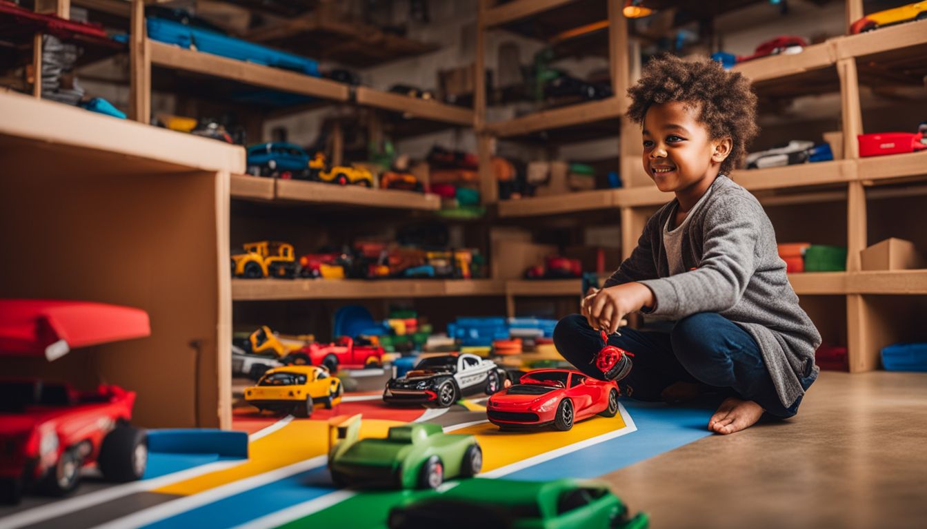 A happy child plays with toy cars in a homemade parking garage surrounded by colorful crafts and detailed characters.