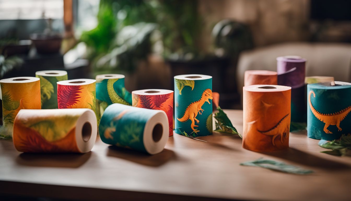 Colorful dinosaur toilet paper rolls displayed on a table, showcasing different faces, hair styles, and outfits.