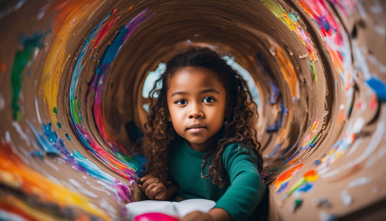 A child creatively plays inside a cardboard rocketship surrounded by colorful art supplies and different faces, hair styles, and outfits.
