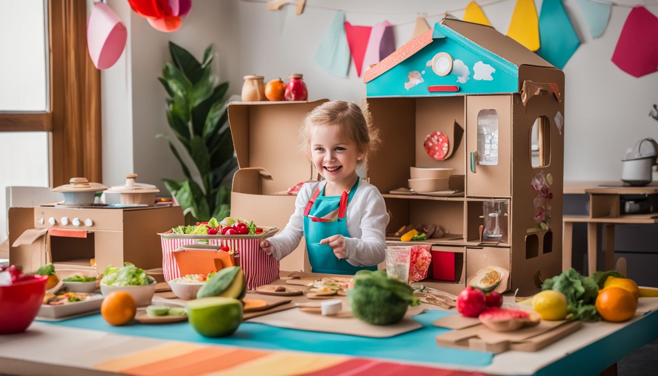 A cardboard play kitchen with colorful decorations and play food accessories, featuring diverse characters and outfits.