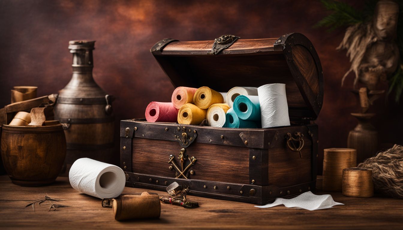 A pirate-themed treasure chest filled with creative toilet paper roll pirates in a variety of styles and colors.
