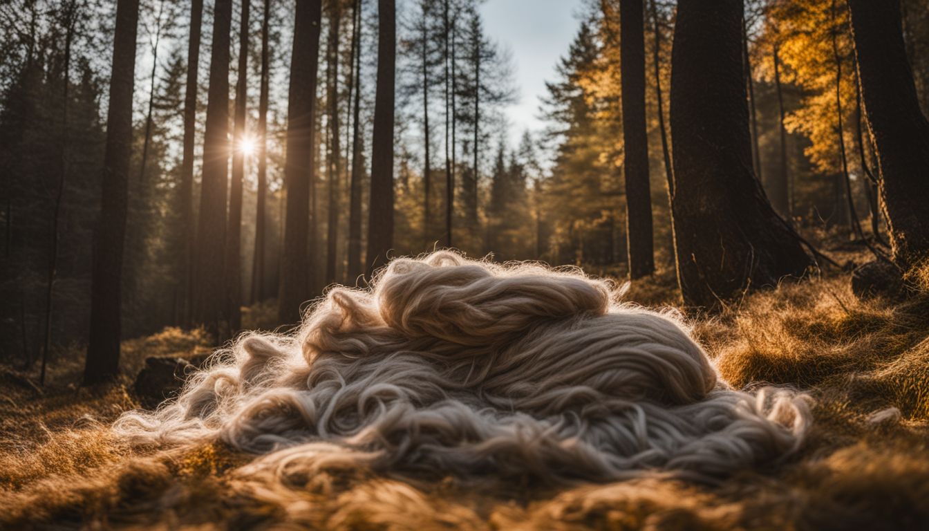 A pile of wool fibers in a forest surrounded by people with various hair styles and outfits.