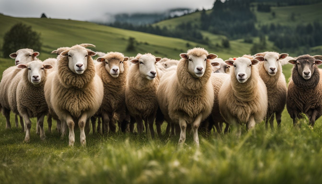 A vibrant photo of a diverse herd of sheep grazing happily in a lush green pasture.