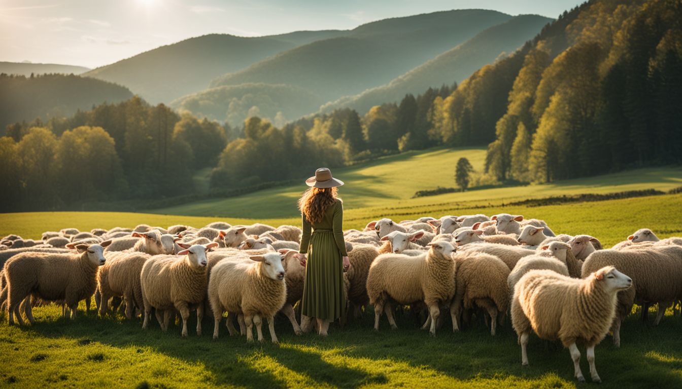 A shepherdess tends to her diverse flock of sheep in a sunny green pasture, creating a picturesque scene of nature and diversity.