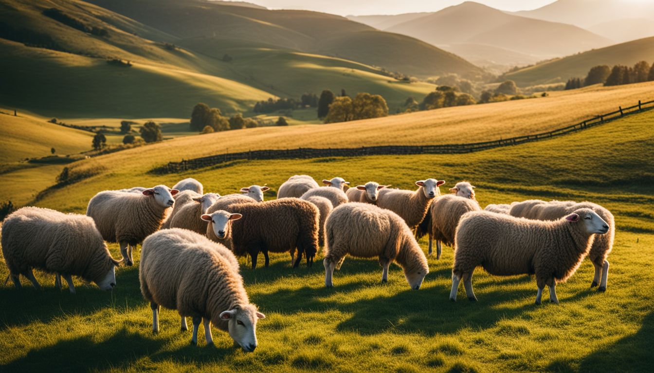 A flock of diverse sheep graze happily in a scenic meadow surrounded by rolling hills.
