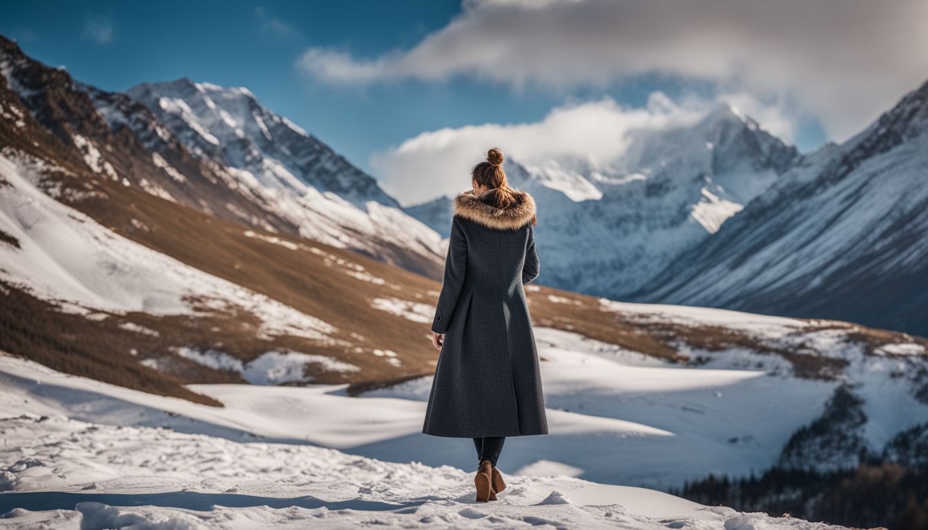 A confident woman stands in a wool coat against a snowy mountain backdrop, showcasing different styles and outfits.