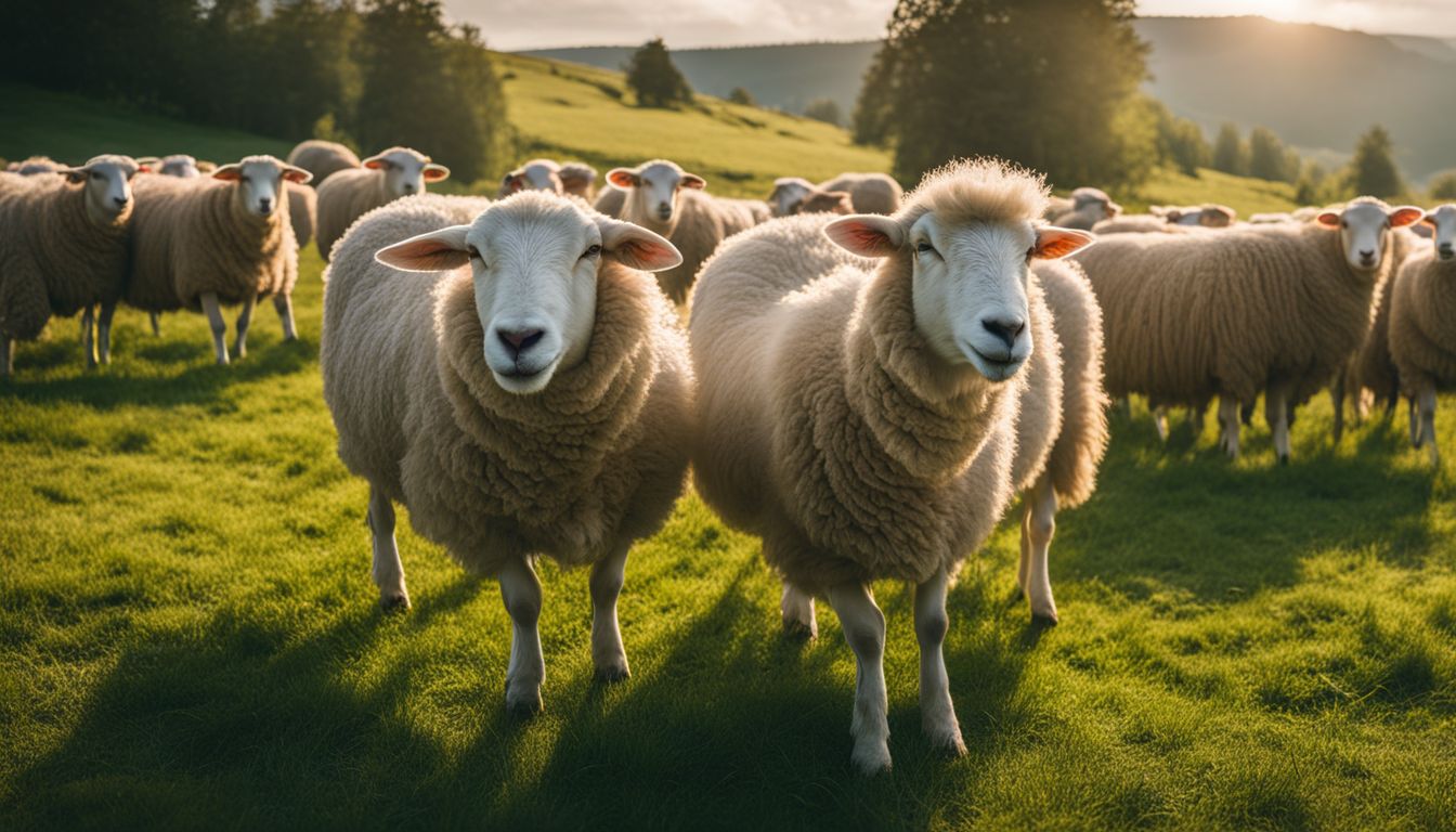 A diverse group of sheep grazing in a beautiful green pasture, captured in high resolution for a realistic and detailed image.