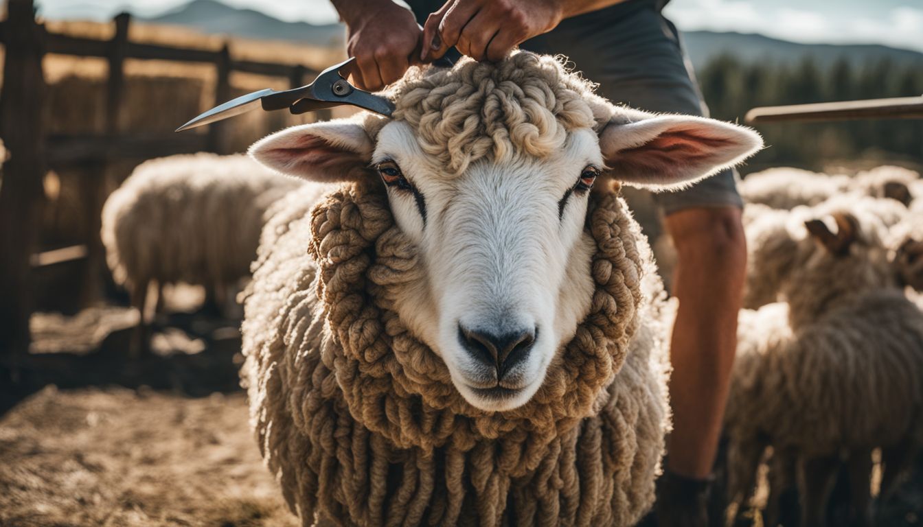 A photo of a distressed sheep being sheared, with a worker's close-up face in a bustling atmosphere.