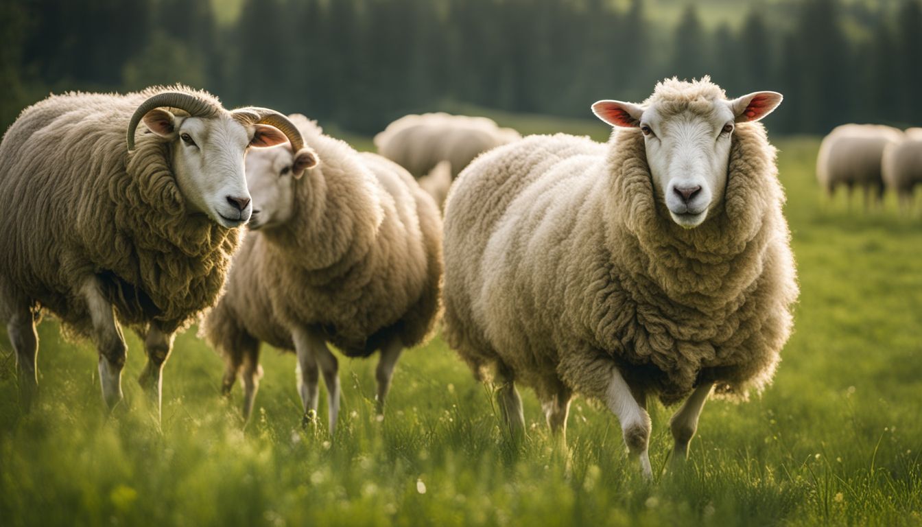 A photo of disease-resistant sheep grazing on a green pasture with various ethnicities and outfits, taken in high-quality.