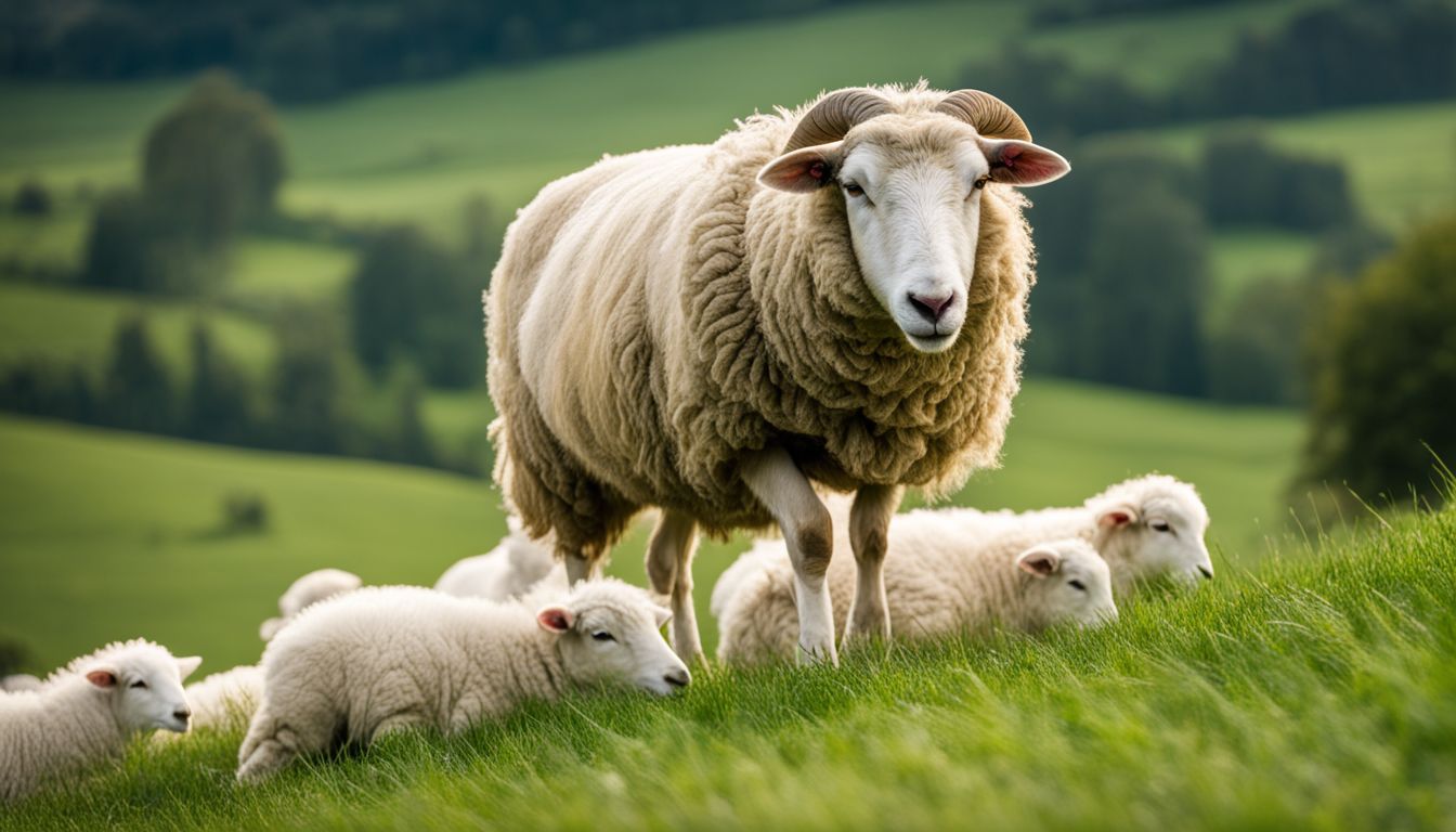 A serene photo of a sheep grazing in a green field, with various people of different ethnicities and styles in the background.