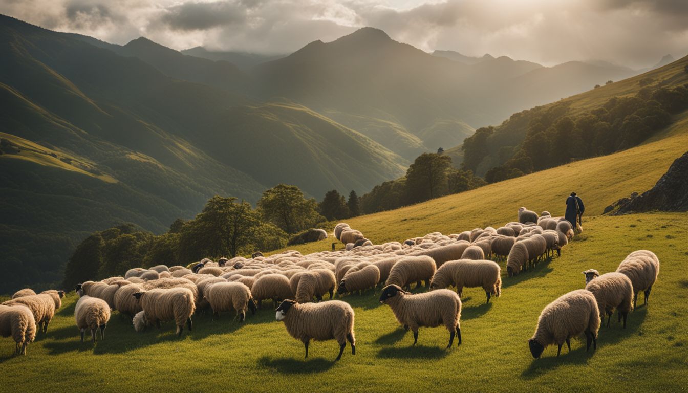 A picturesque scene of sheep grazing in a beautiful mountainous landscape, captured with professional photography equipment.