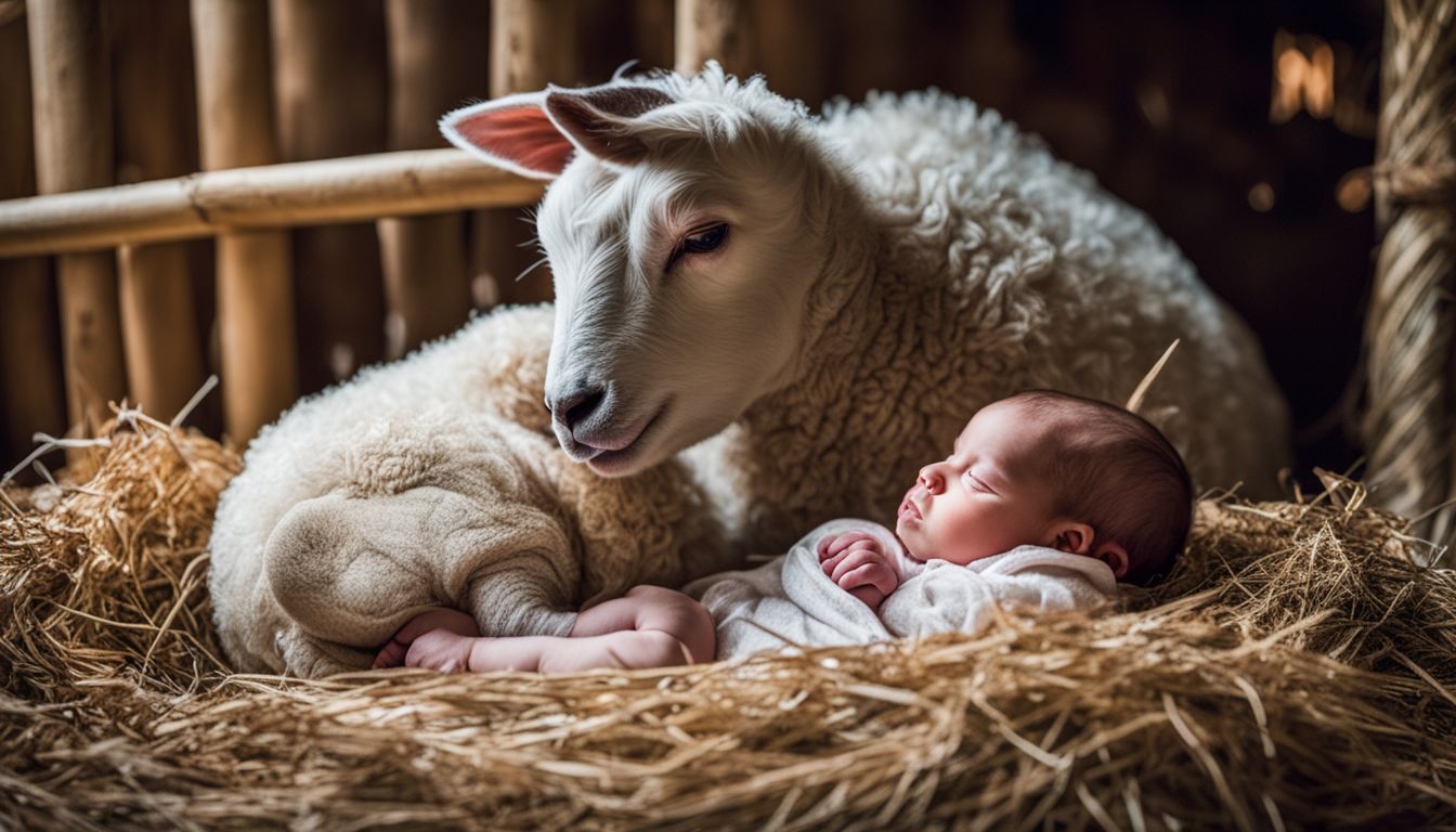 A newborn lamb surrounded by its mother in a cozy barn, with various people and landscapes in the background.
