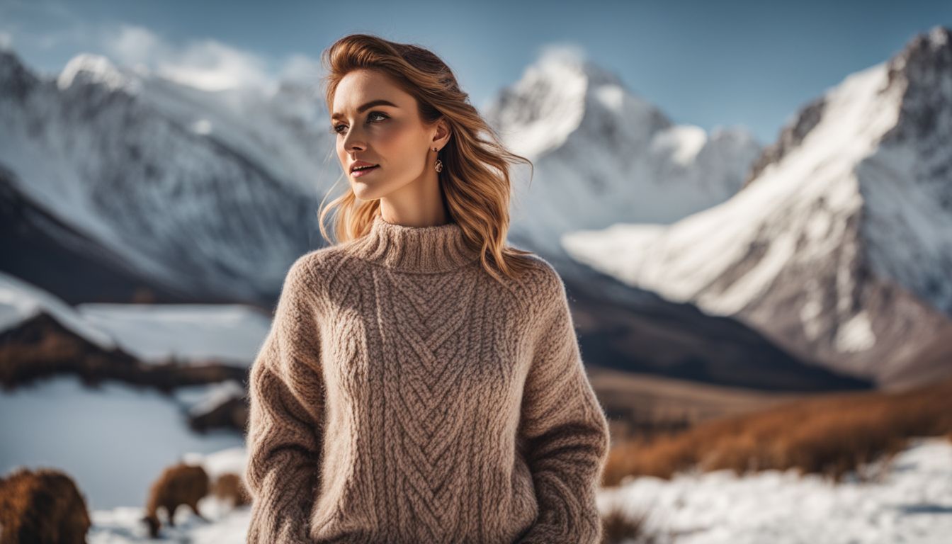 A Caucasian woman wearing an alpaca wool sweater stands in a snowy mountain landscape, showcasing different styles and outfits.