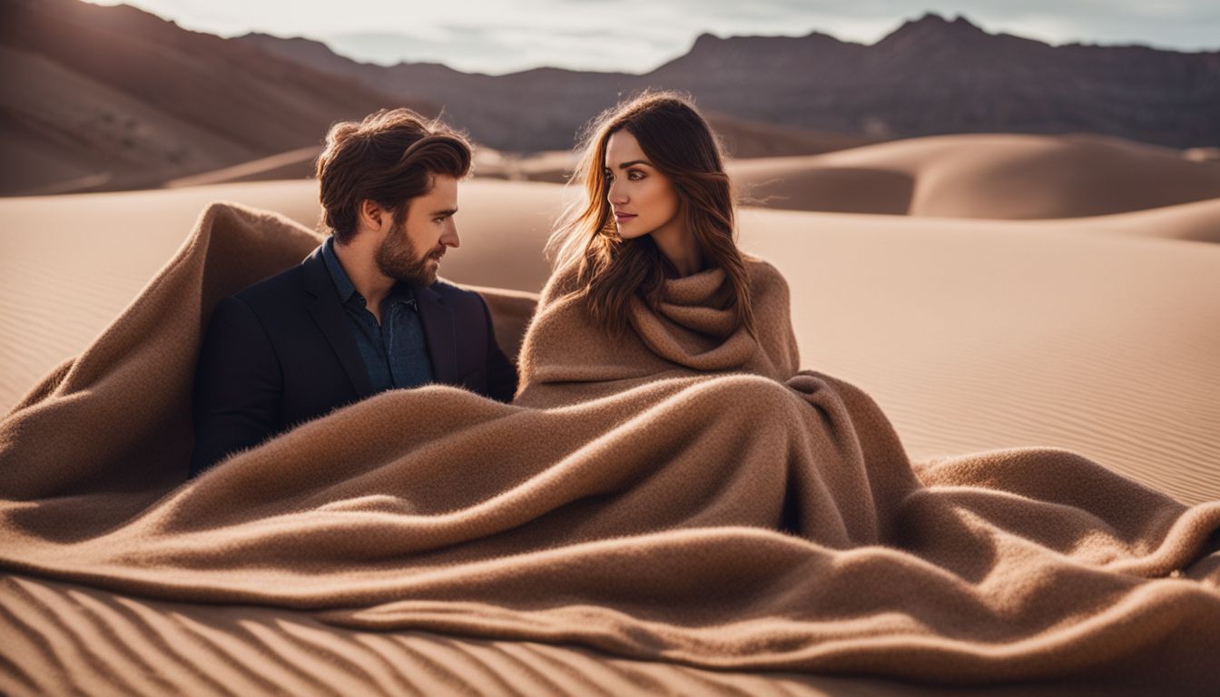 A photo of a cozy camel wool blanket surrounded by a desert landscape with people of different ethnicities and styles.