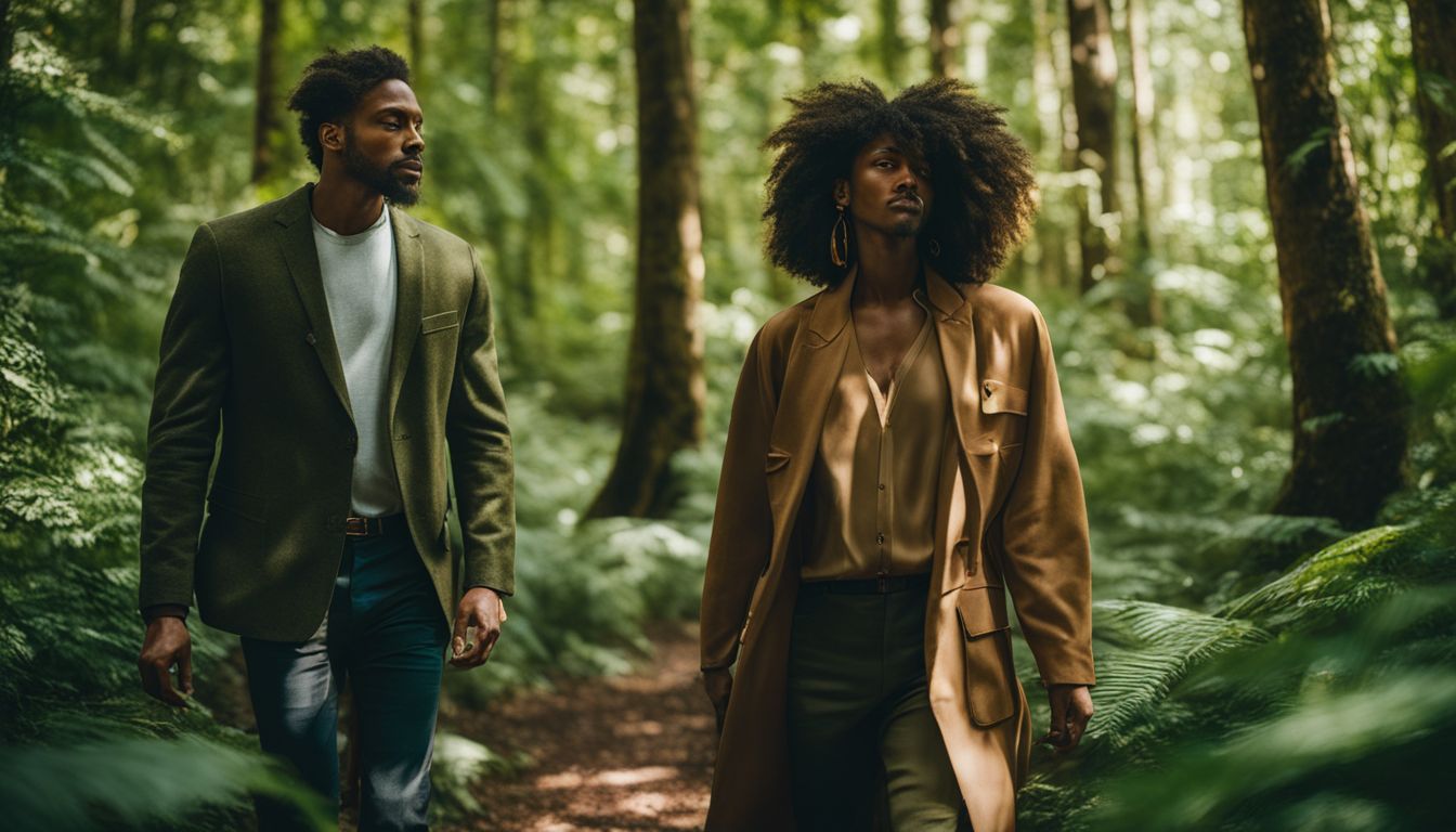 A couple wearing sustainable fashion outfits walking through a lush green forest in a vibrant and cinematic photo.