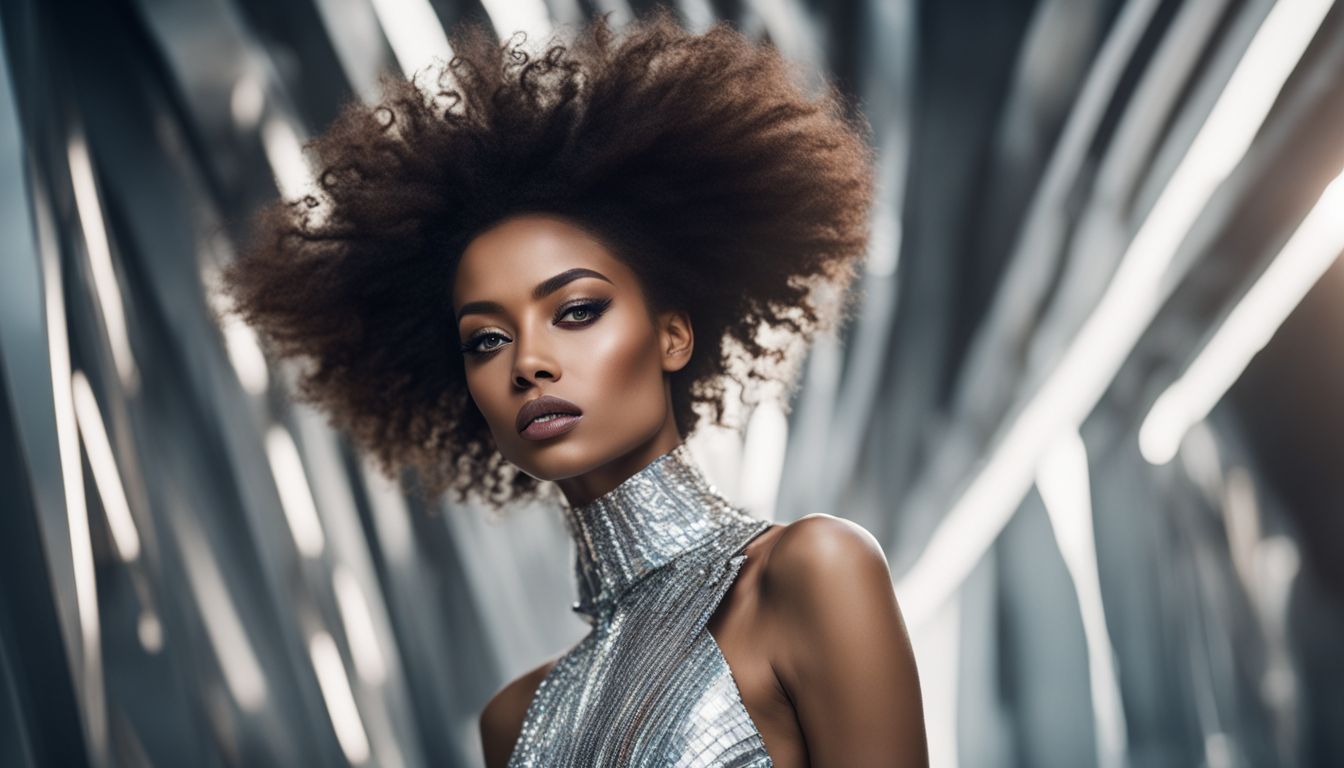 A model wearing a futuristic sustainable dress in a modern setting with unique eye and skin details, various hairstyles, and outfits.