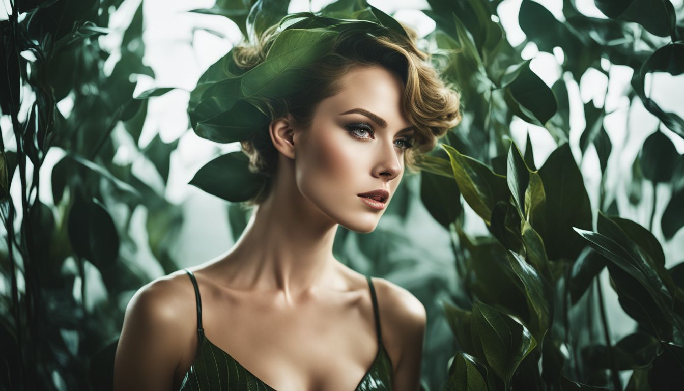 A Caucasian woman wearing a stylish natural rubber dress stands among rubber tree saplings in a fashion photography shoot.