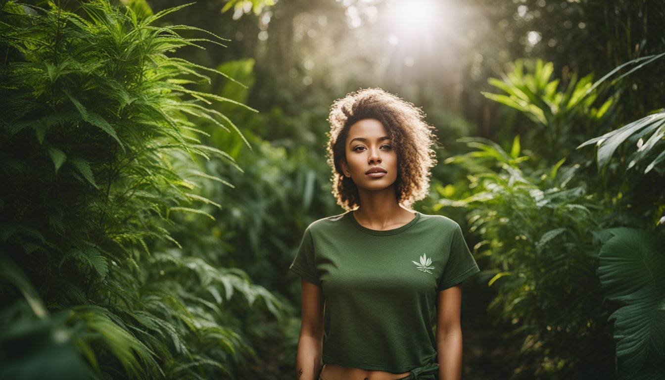 A close-up photo of someone wearing a stylish hemp t-shirt surrounded by lush green plants.